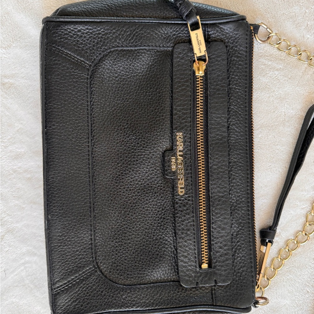 KARL LAGERFELD Black Leather Gold Chain Shoulder Bag Crossbody - Picture 2 of 9